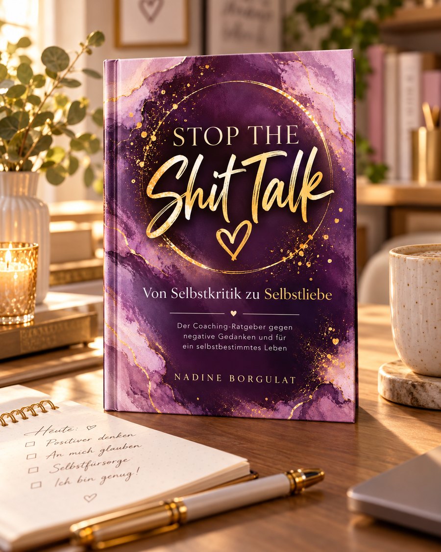 Das Buch Stop the Shit Talk auf dem Schreibtisch, davor ein Notizbuch mit Stift
